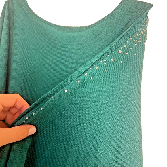 Loft Cold Shoulder Sweater Dark Kelly Green Sweater Rhinestones Sz Large Holiday - Picture 6 of 7